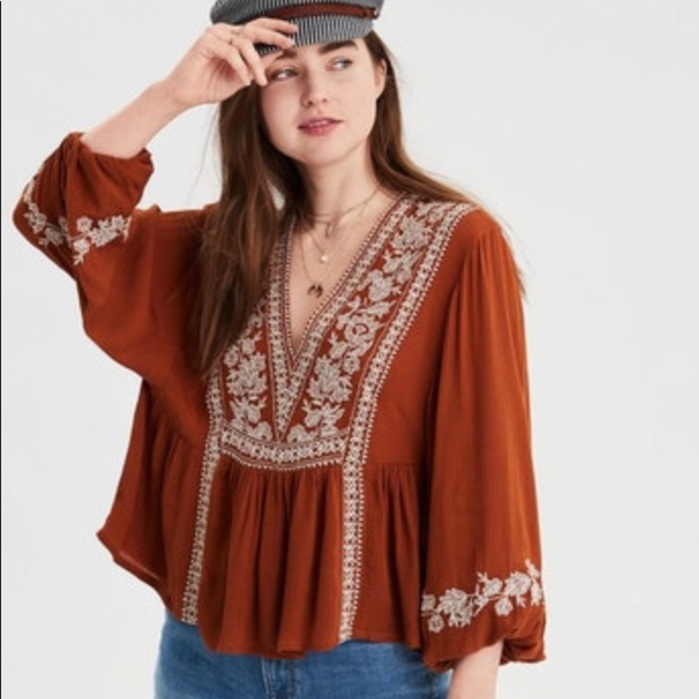 American Eagle Embroidered Boho V Neck Top